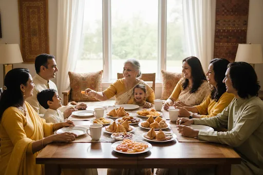 Multi-generational Indian family celebrating together